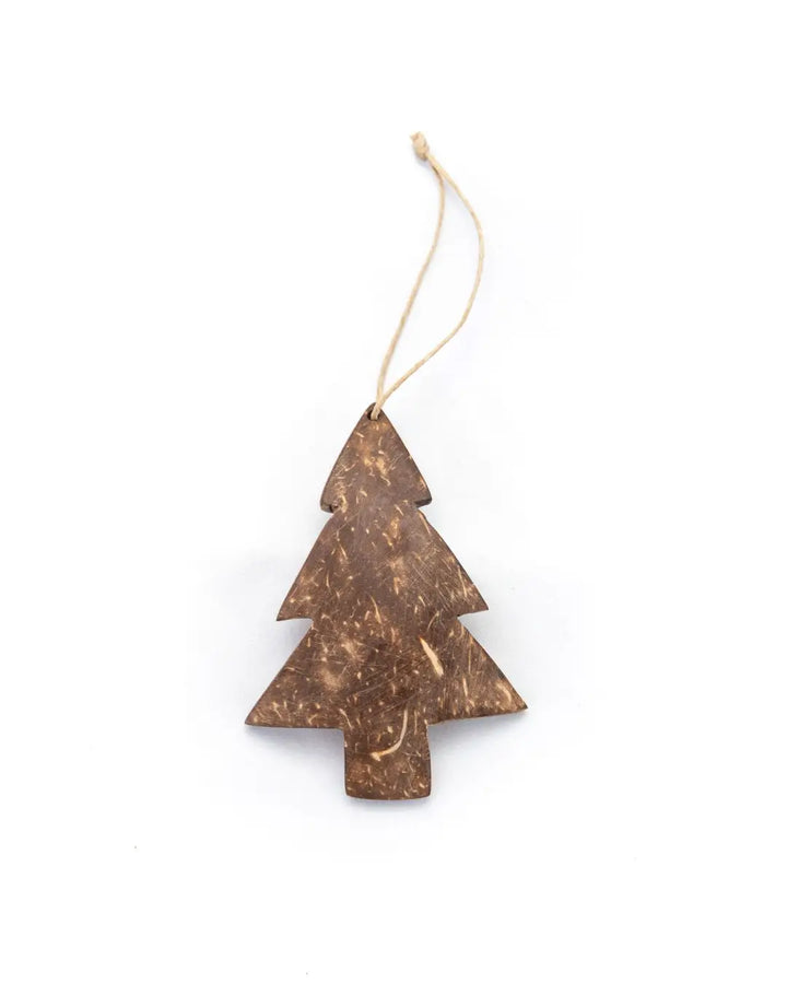 A triangular tree-shaped wooden ornament made from natural coconut shell with a light tan hanging string, shown on a plain white background.