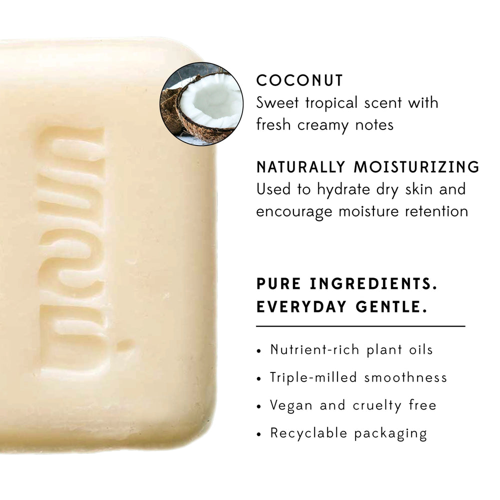 Coconut scented bar of soap information and description on a white background.