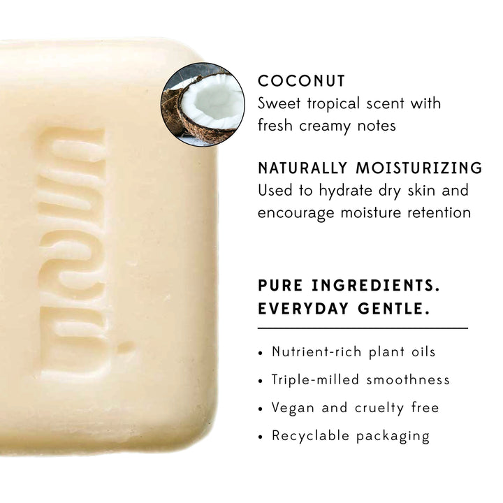 Coconut scented bar of soap information and description on a white background.