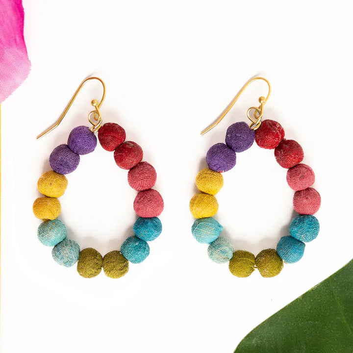 Kantha colorful hoop earrings with multicolored beads
