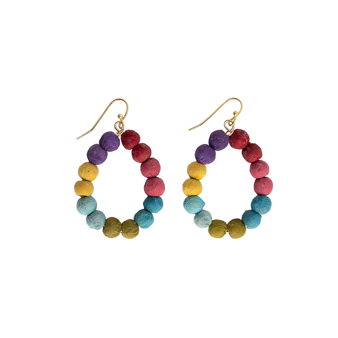 Colorful Kantha hoop earrings with multicolored beads on a white background