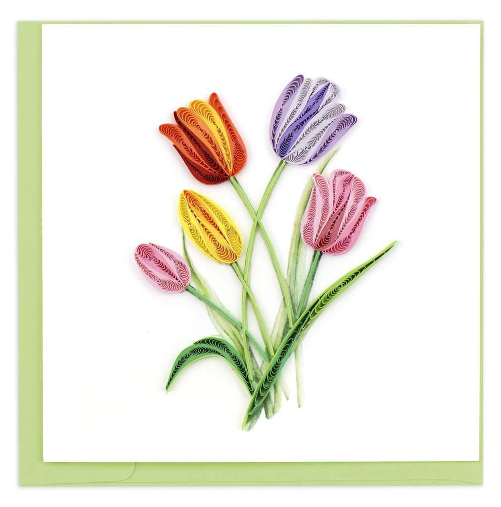 A greeting card featuring a colorful quilled design of tulips in red, purple, yellow, and pink with green leaves on a white background with a green envelope.