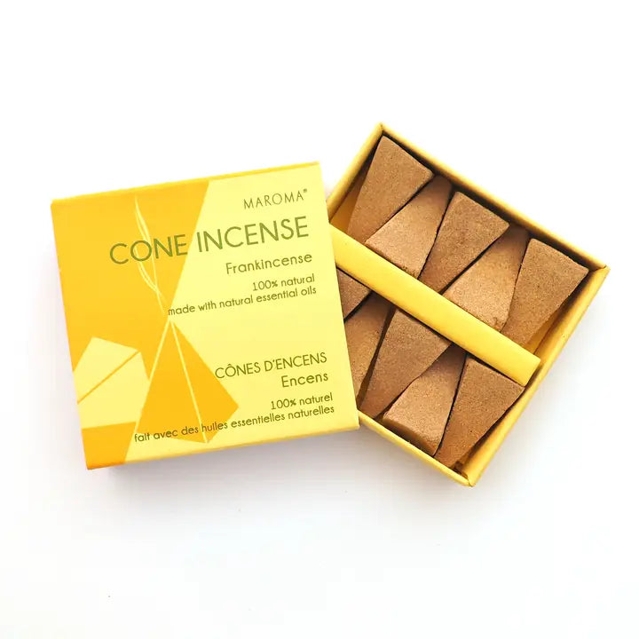 Maroma cone incense packaging with incense cones on a white background