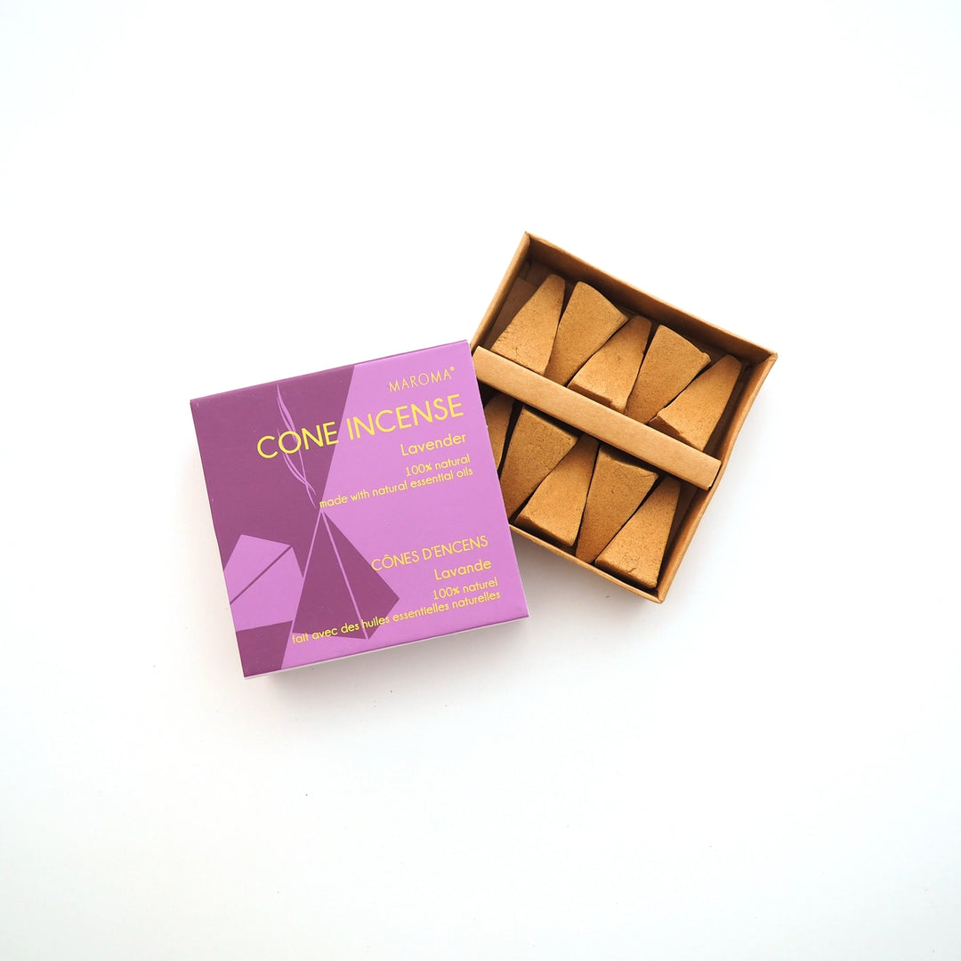 Lavender cone incense in a purple box on a white background.