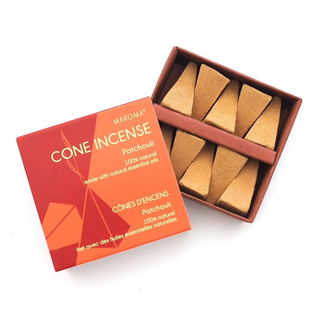 Maroma cone incense packaging with incense cones on a white background