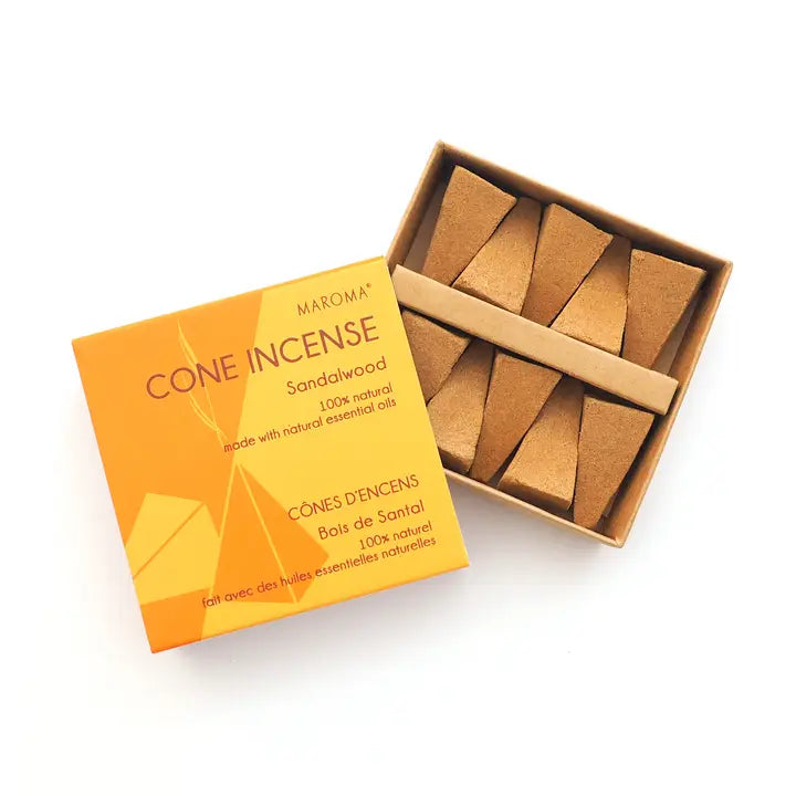 Maroma cone incense packaging with sandalwood incense cones on a white background