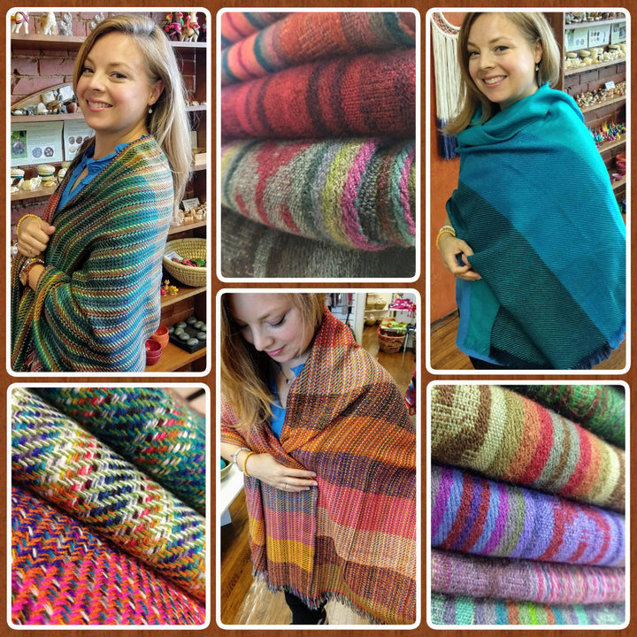 Collage of smiling woman wearing colorful shawls with a variety of different patterns. 