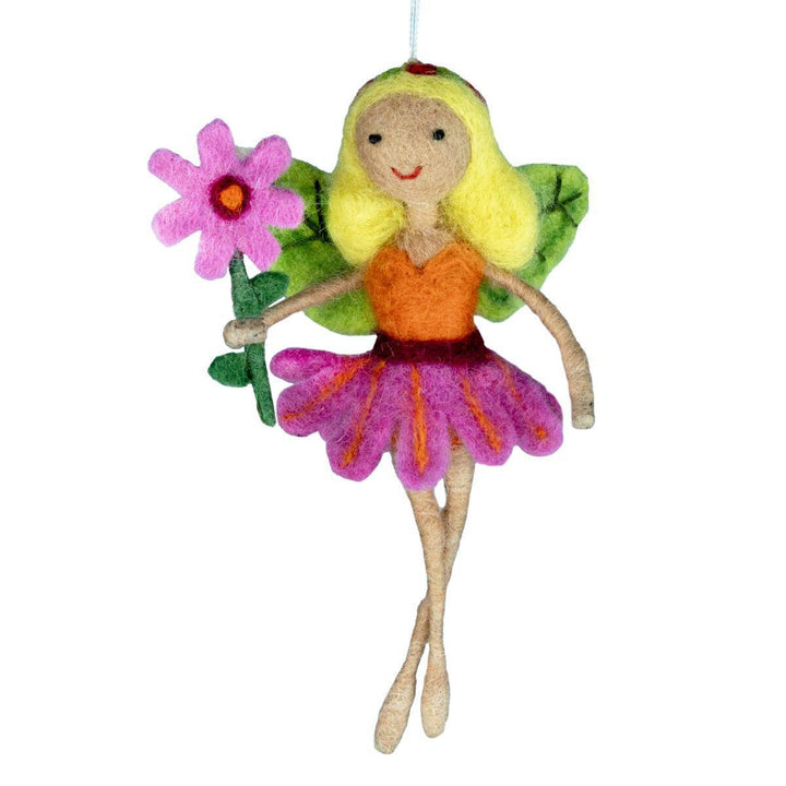 Felt fairy ornament with a pink flower on a white background