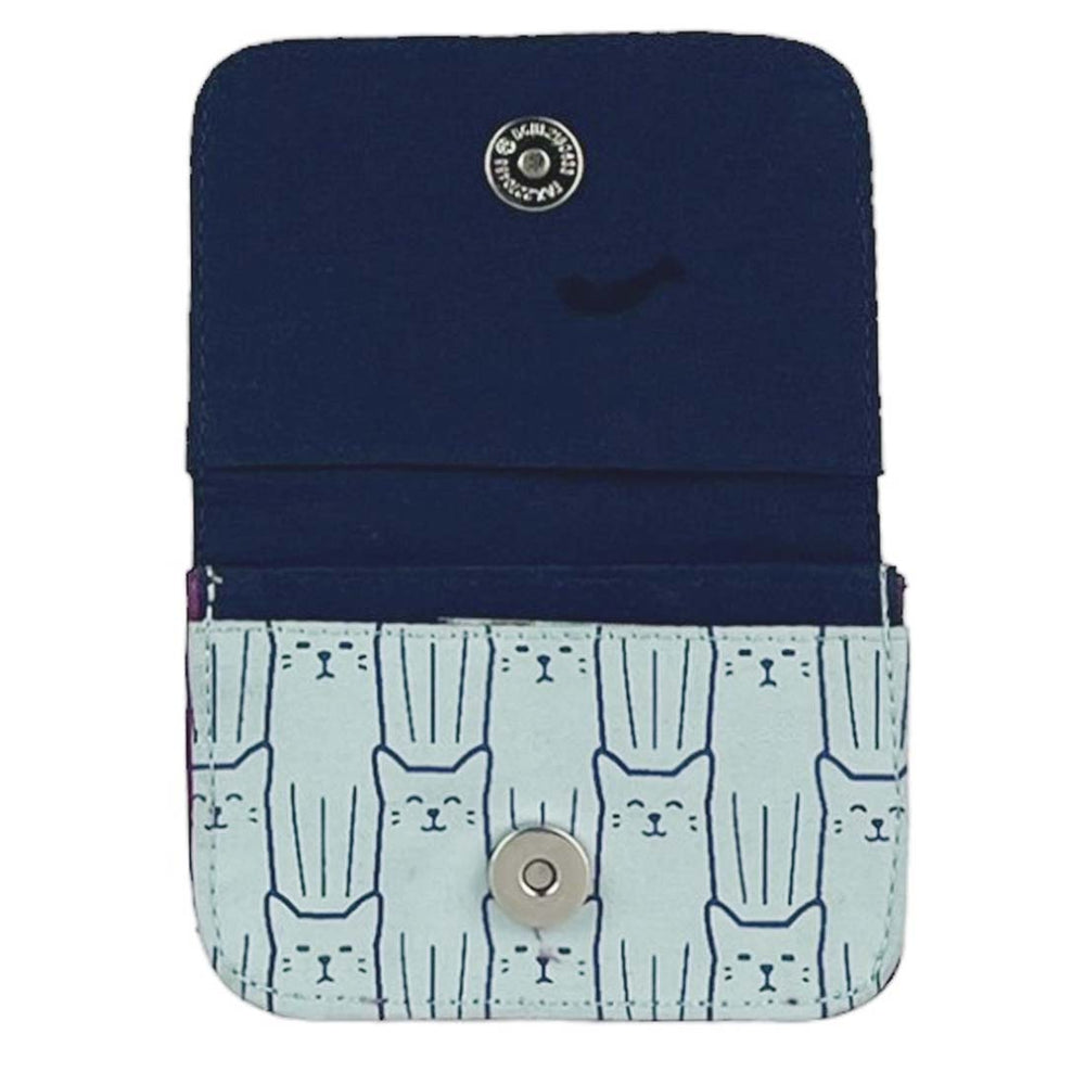 Small pouch with navy top section and light blue bottom with cat pattern on a white background