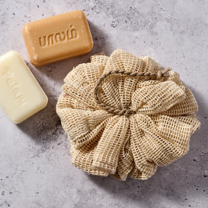 Natural sponge and two bars of soap on a gray surface