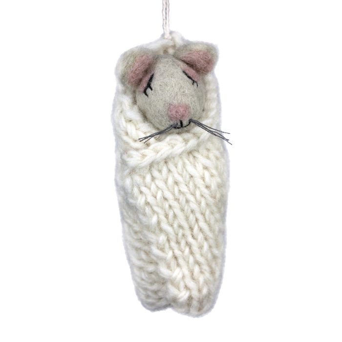 Small mouse figurine wrapped in white yarn on a white background