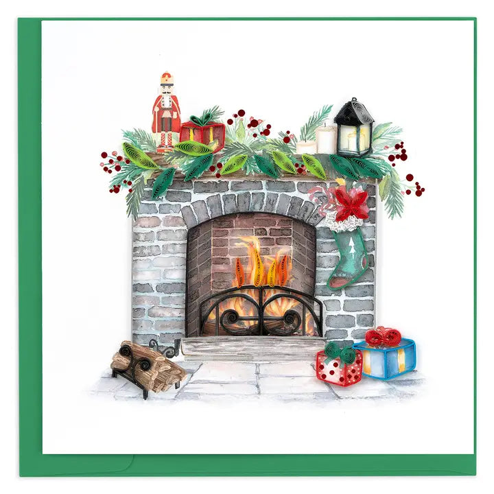 Decorative Christmas card with a fireplace, stockings, and presents.