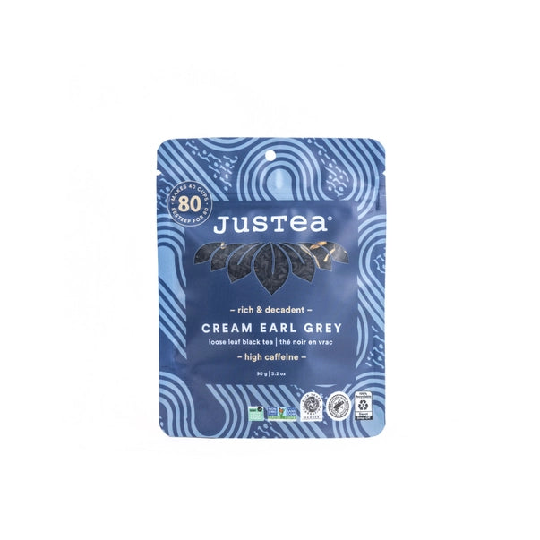 Justea Cream Earl Grey tea package on a white background
