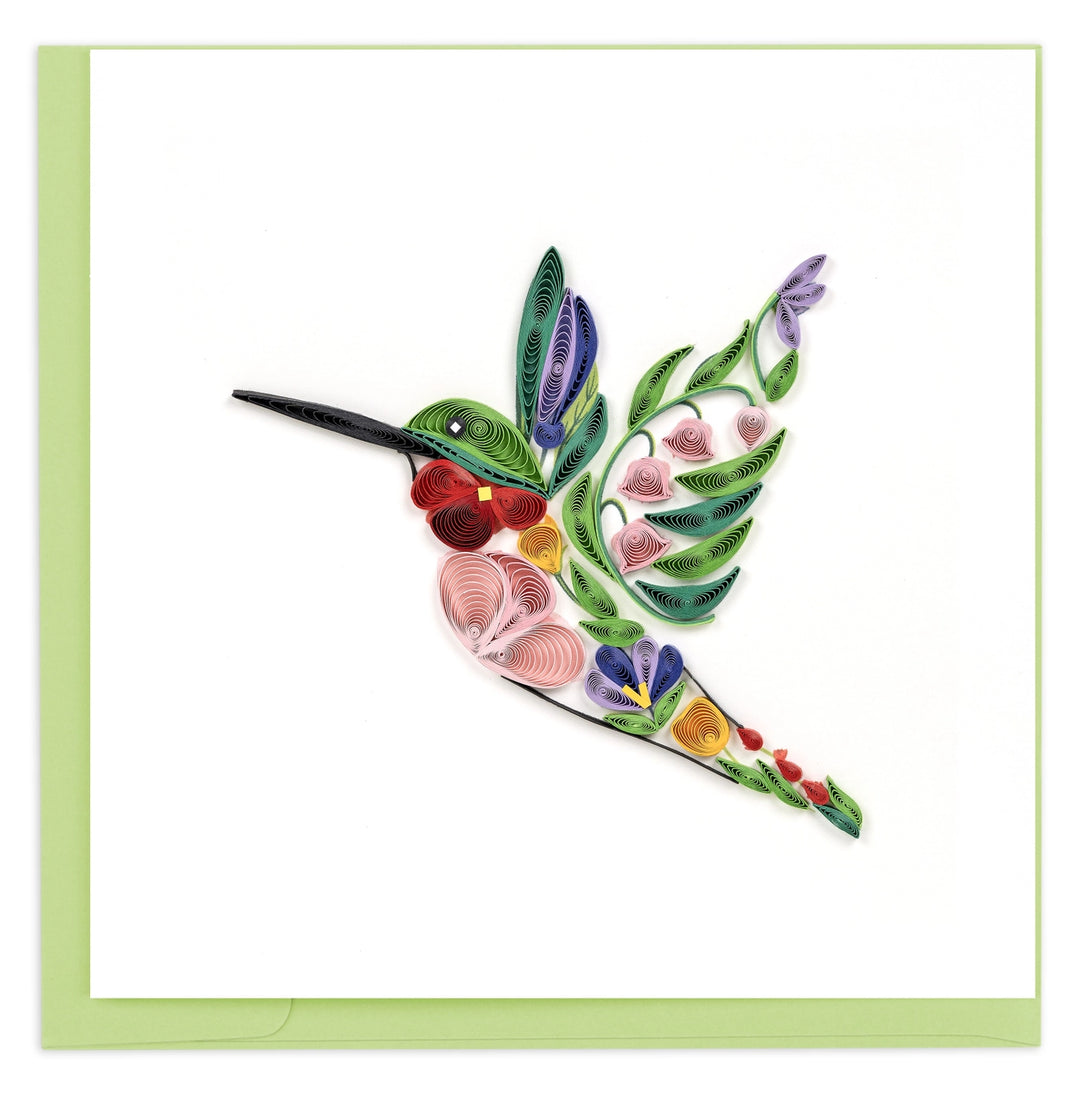 Colorful quilled hummingbird  card design on a white background