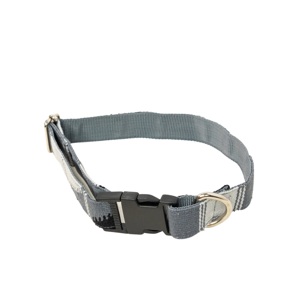 Gray dog collar with a black buckle on a white background