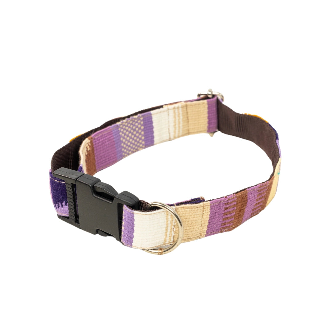 Dog collar with purple and beige striped pattern on a white background