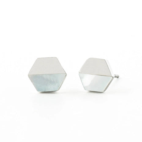 hexagon mother of pearl earrings on a white background