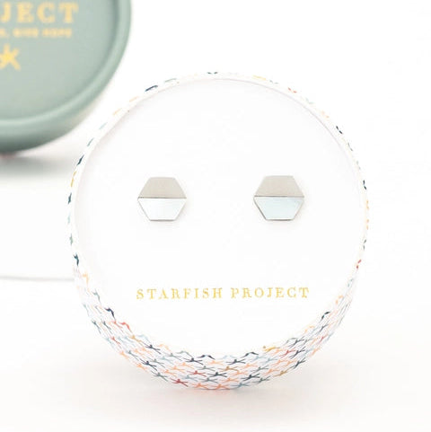 stainless steel and mother of pearl geometric design on a white background, featuring 'Starfish Project' branding.