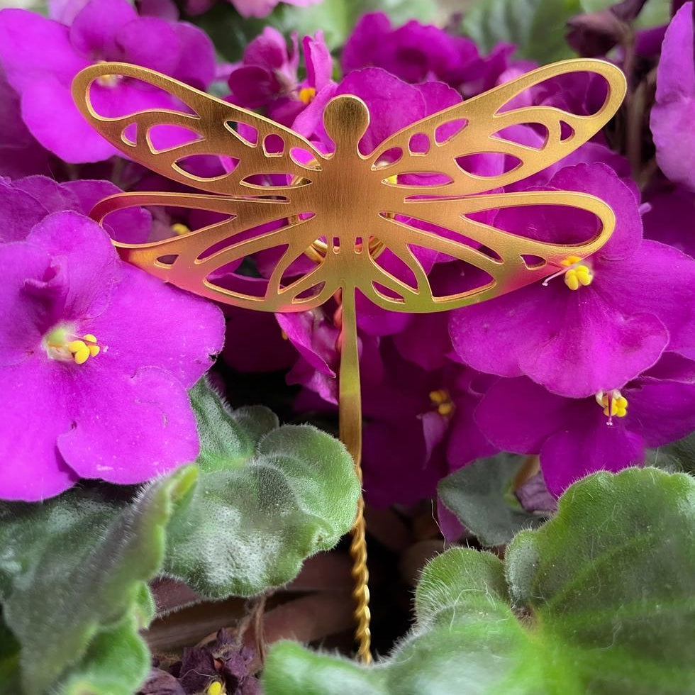 Gold dragonfly-shaped plant stake among purple African violets with a brick wall background