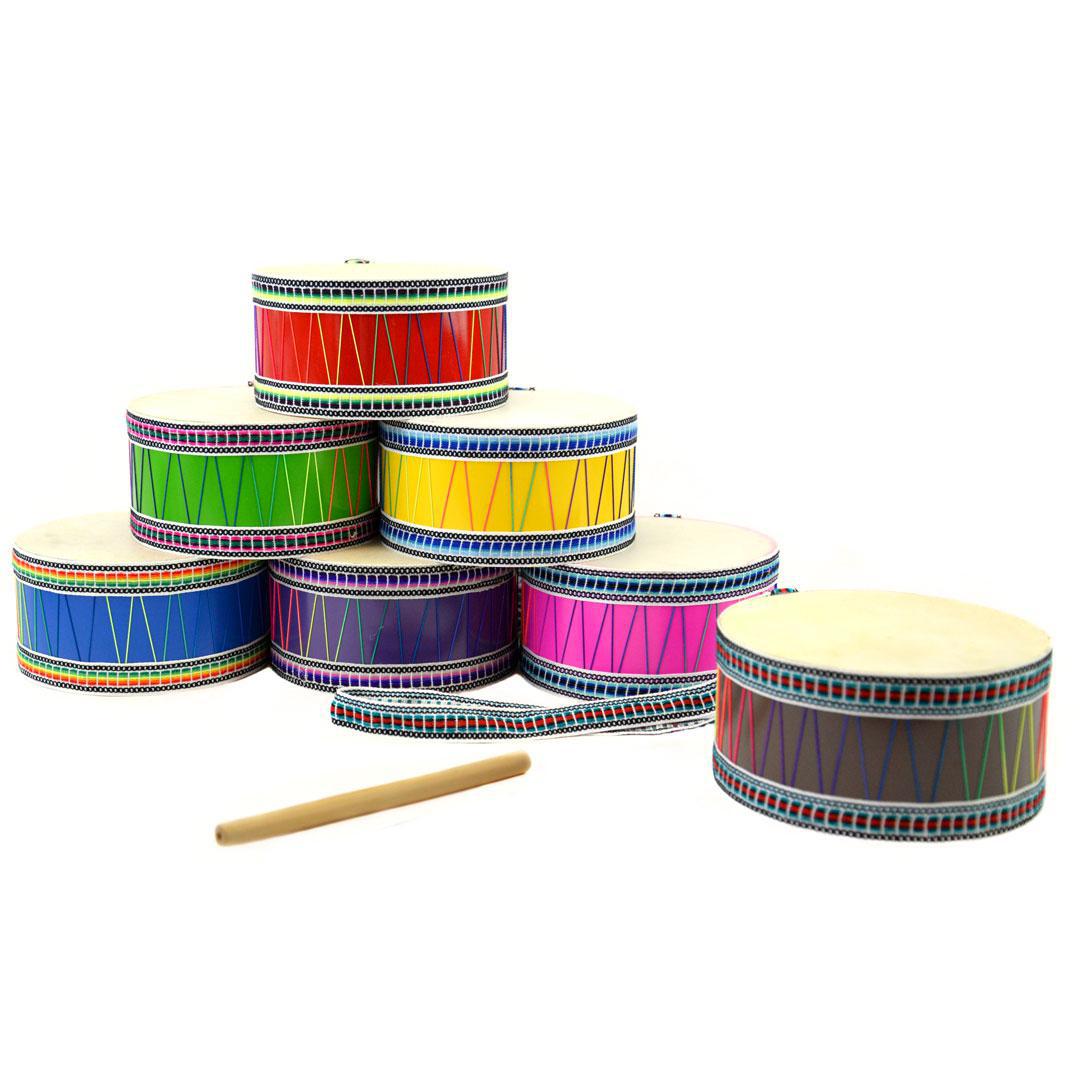 Set of colorful drums with a drumstick on a white background