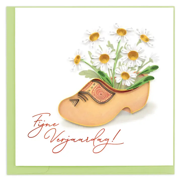 Greeting card with a wooden shoe and flowers, featuring the text 'Fijne Verjaardag!' on a white background.