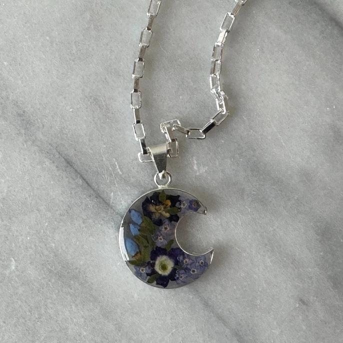 Alpaca Silver Pressed Flower Crescent Pendant Necklace