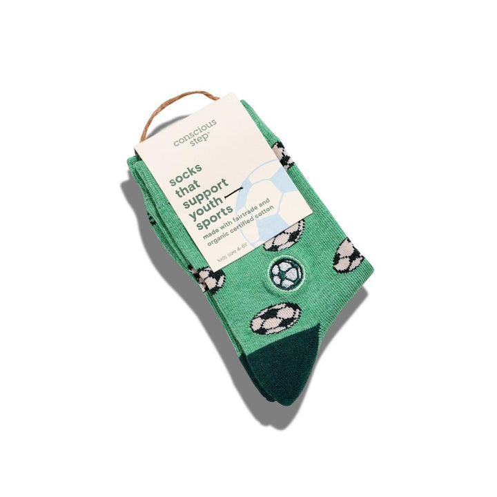 Kids Socks that Support Youth Sports (Green Soccer Balls)