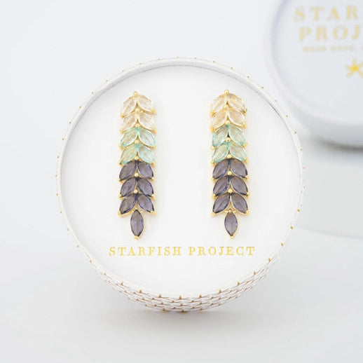 Pair of earrings in a clear display case with 'Starfish Project' branding.
