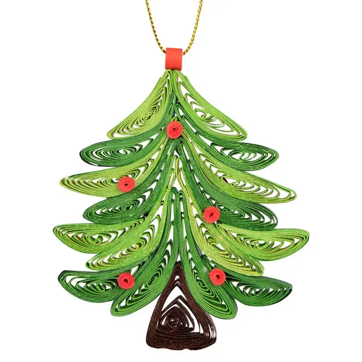 Quilled green Christmas tree ornament with red berries on a white background