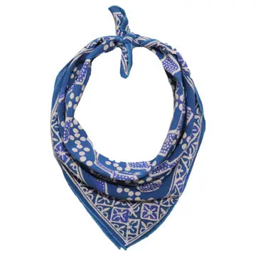 blue and white batik bandana on a white background