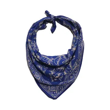 Blue bandana with white patterns on a white background