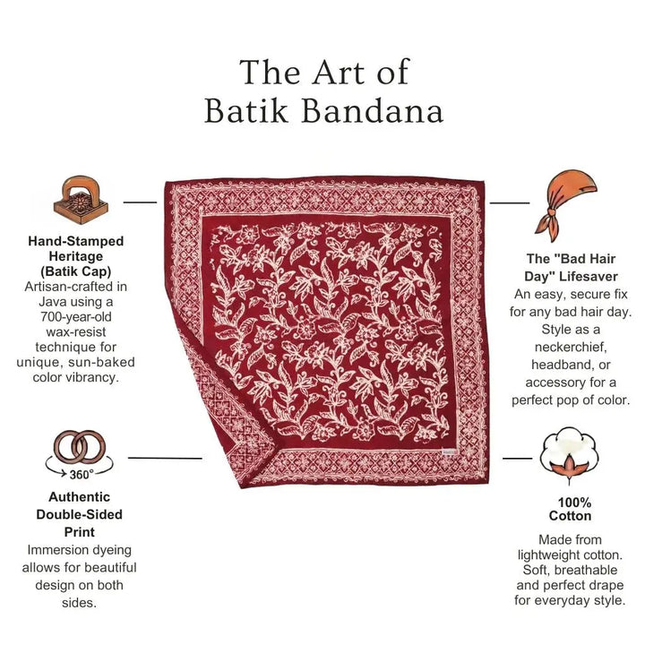 Red batik bandana with white patterns on a white background, featuring text about the art of batik bandanas.