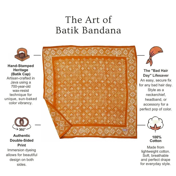 Orange batik bandana with text describing its features on a white background