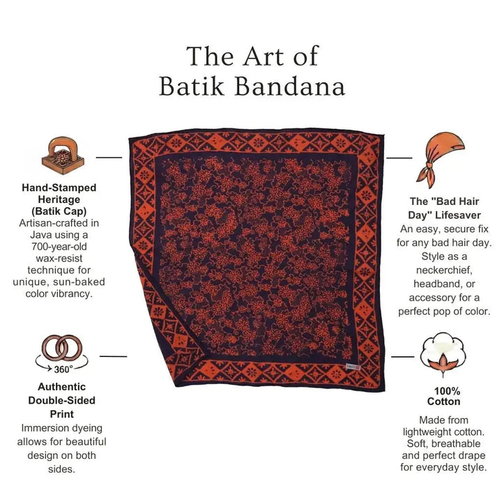 Batik bandana with features and benefits on a white background