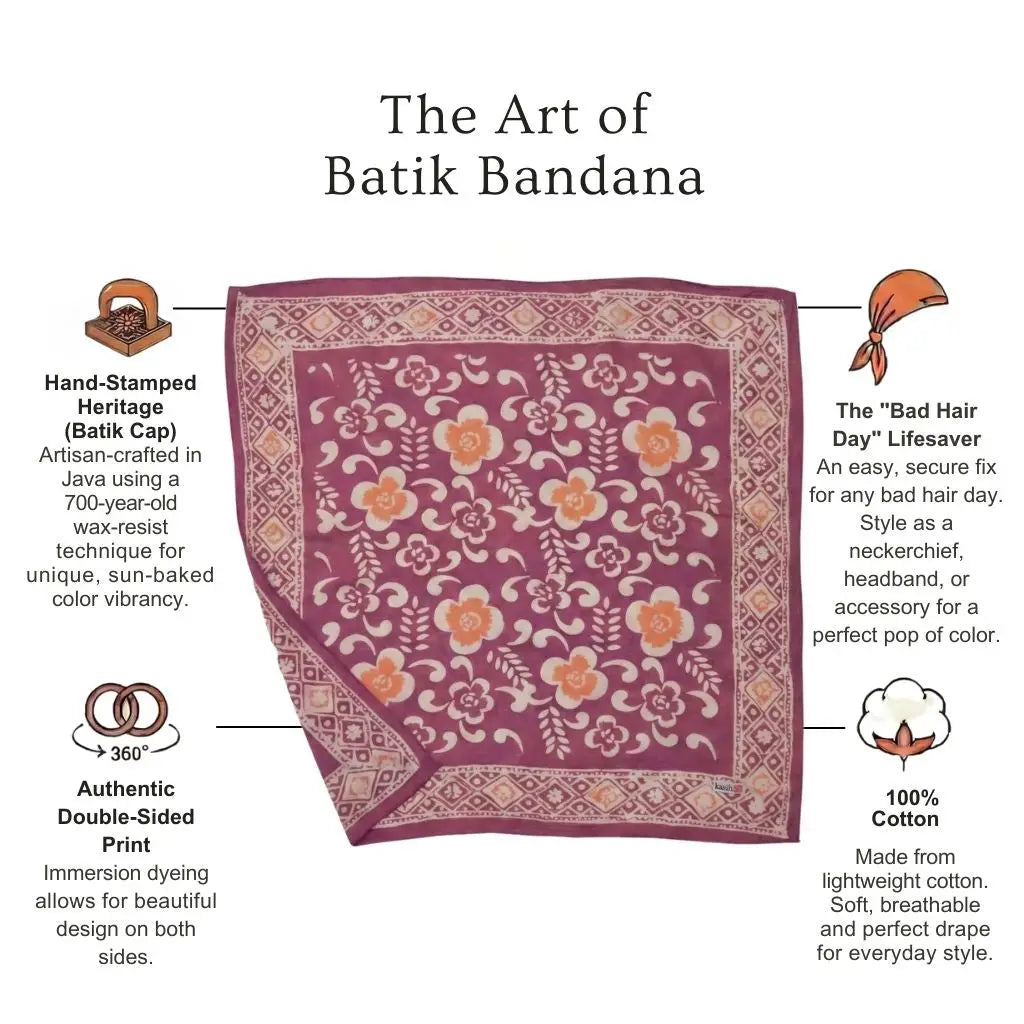 Batik bandana with floral pattern on a white background, featuring text about the product.