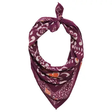 Purple bandana with white and orange patterns on a white background