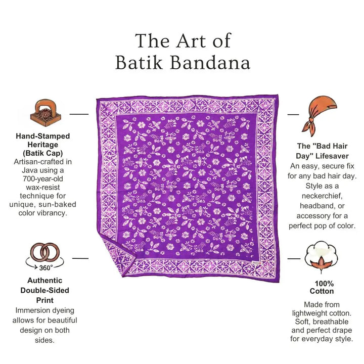 purple Kasih bandana on a white background the art of batik bandana