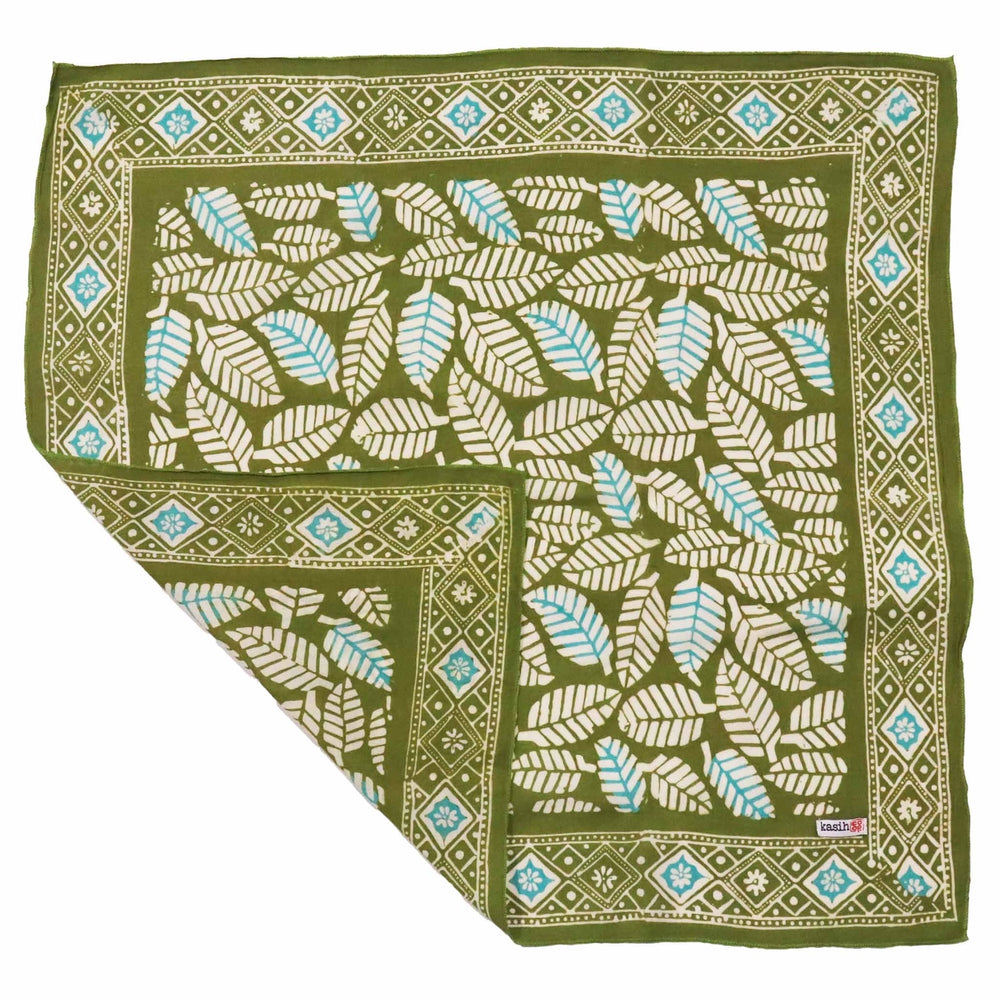 green bandana  with coffee leaf design. 