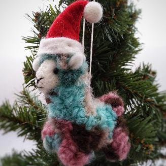 Felt Christmas llama ornament hanging from Christmas tree