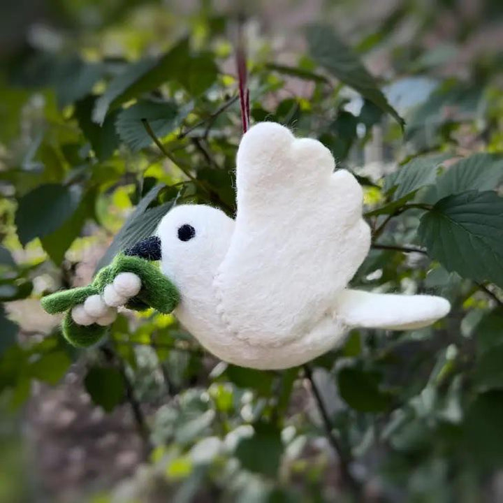 Handmade wool white dove ornament with olive branch.