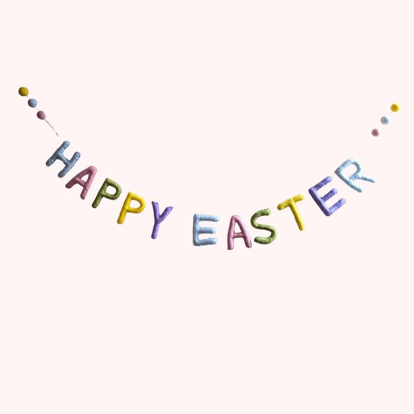 Colorful 'Happy Easter' garland on a white background