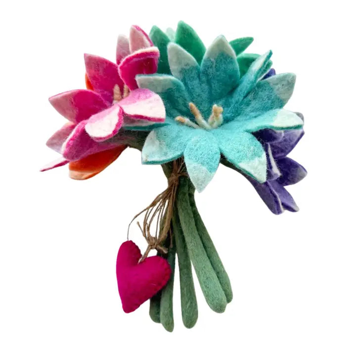 Colorful felt flower bouquet with a heart on a white background