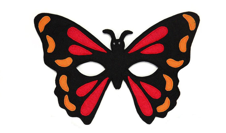 Butterfly mask with black, red, and orange colors on a white background