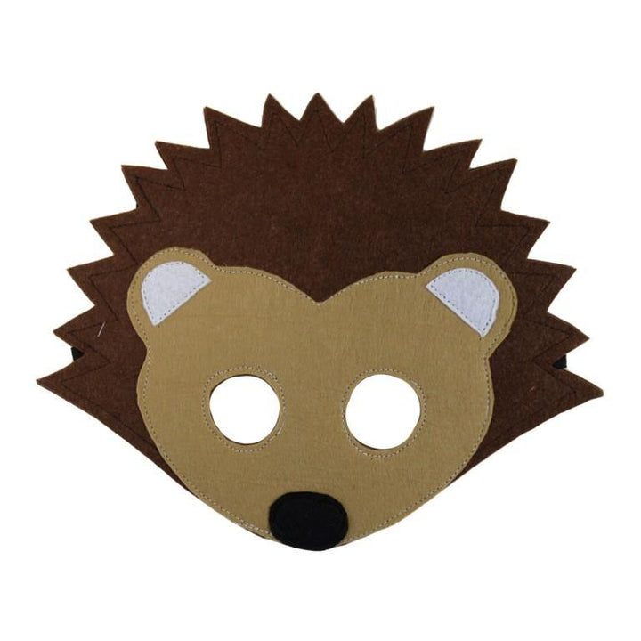 Hedgehog mask with brown spines and beige face on a white background