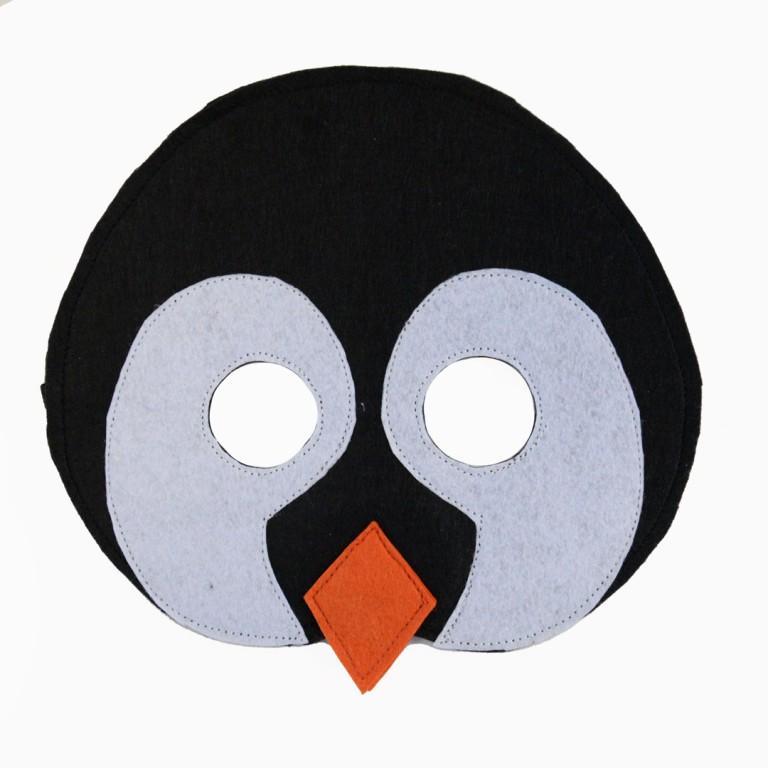 Penguin mask with black head, gray body, and orange beak on a white background