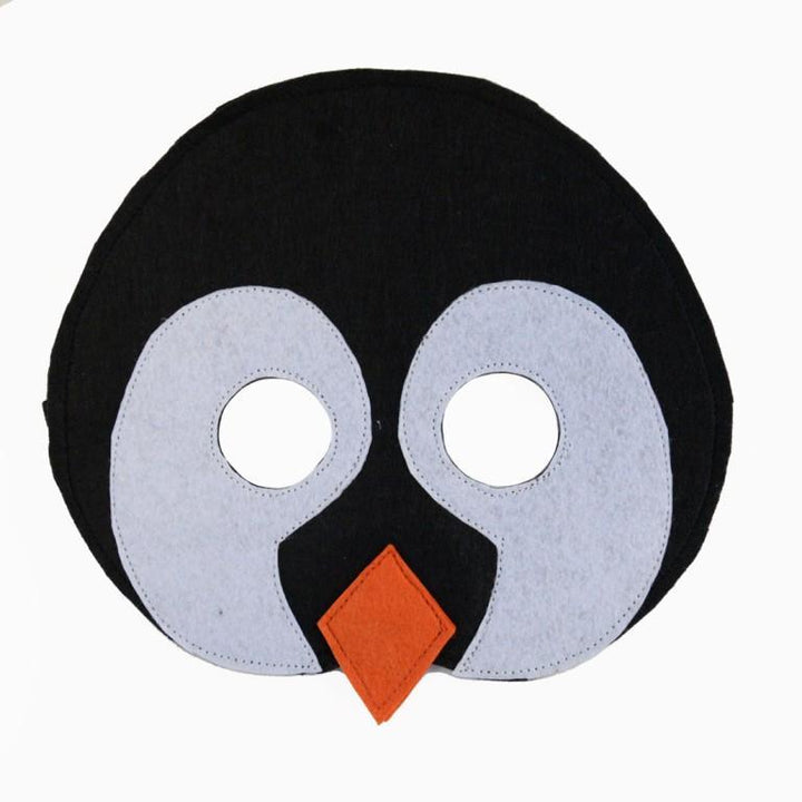 Penguin mask with black head, gray body, and orange beak on a white background