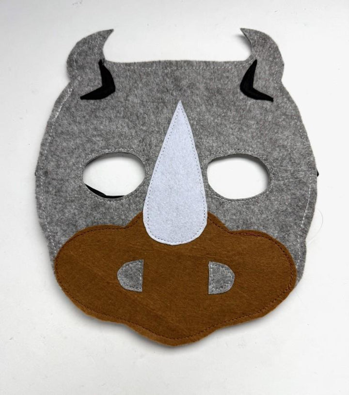 Rhino mask with gray face, brown nose, and black horns on a white background