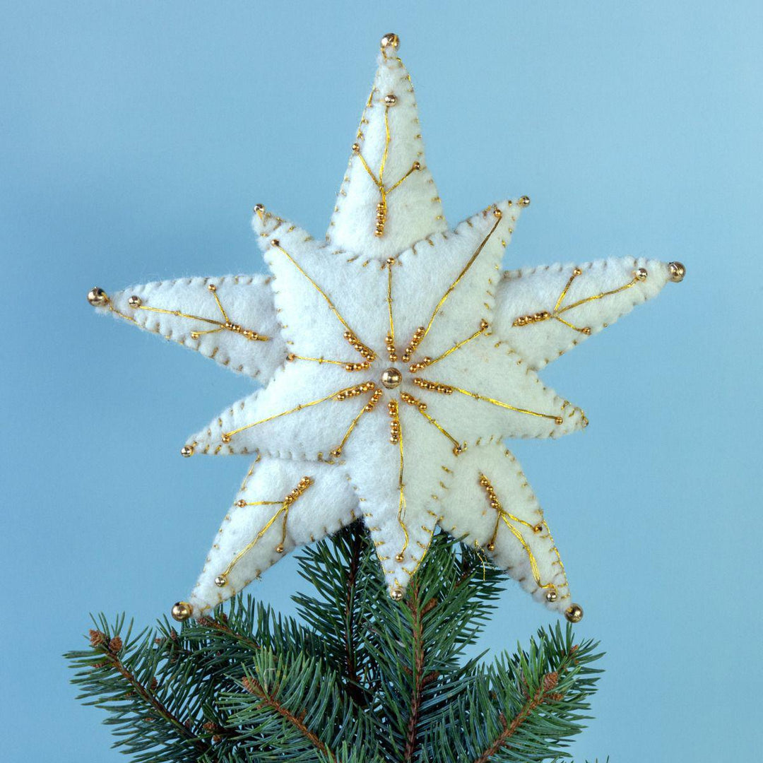 Decorative star ornament on a Christmas tree with a blue background