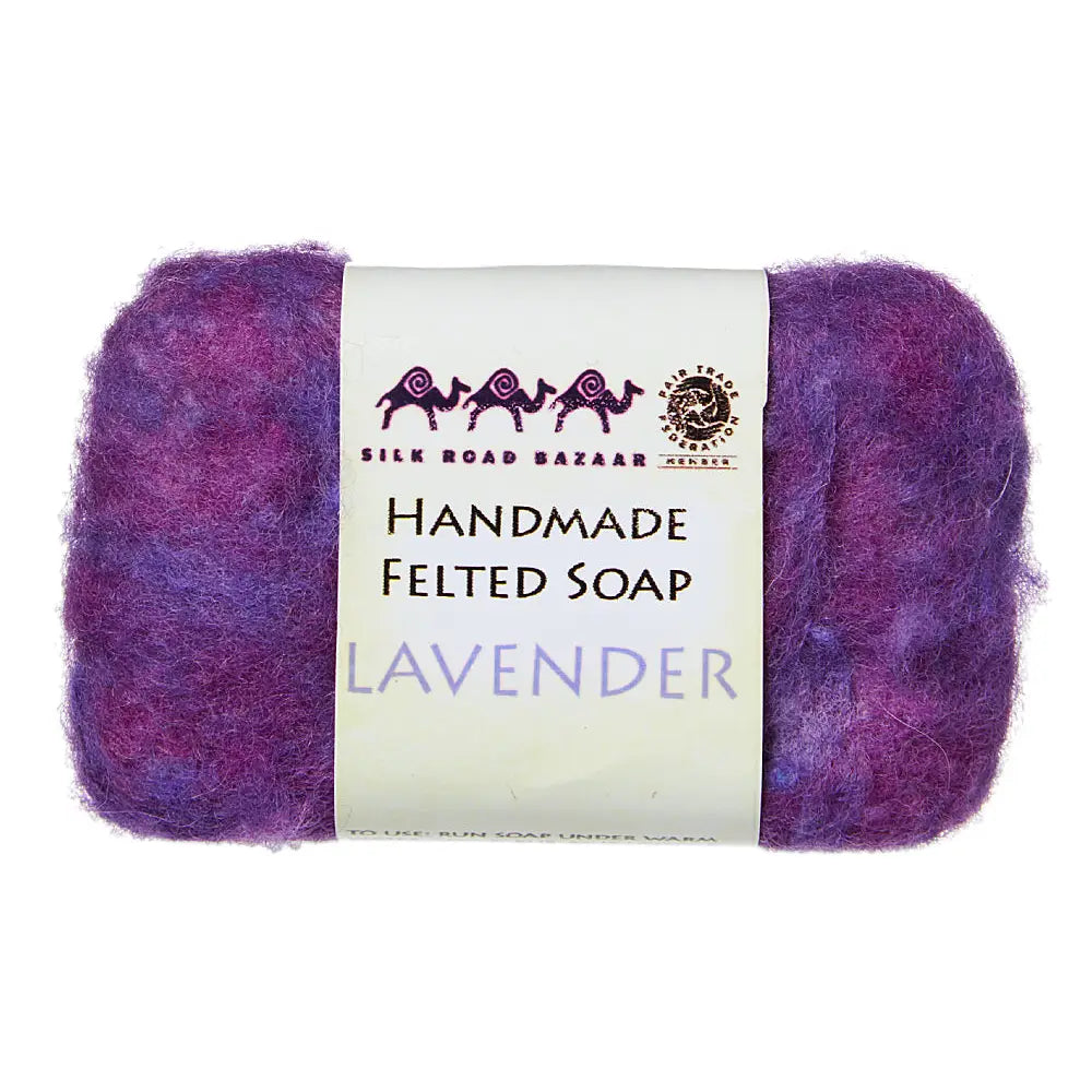 Handmade felted soap bar with a 'Silk Road Bazaar' label on a white background