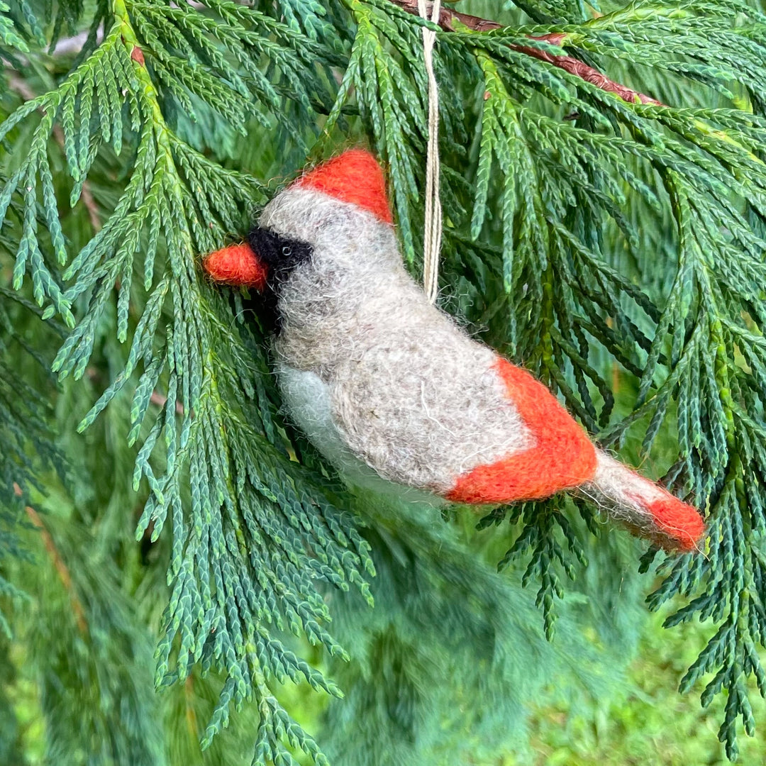 A hand-felted bird ornament shaped like a cardinal, hanging from a string among green evergreen branches.